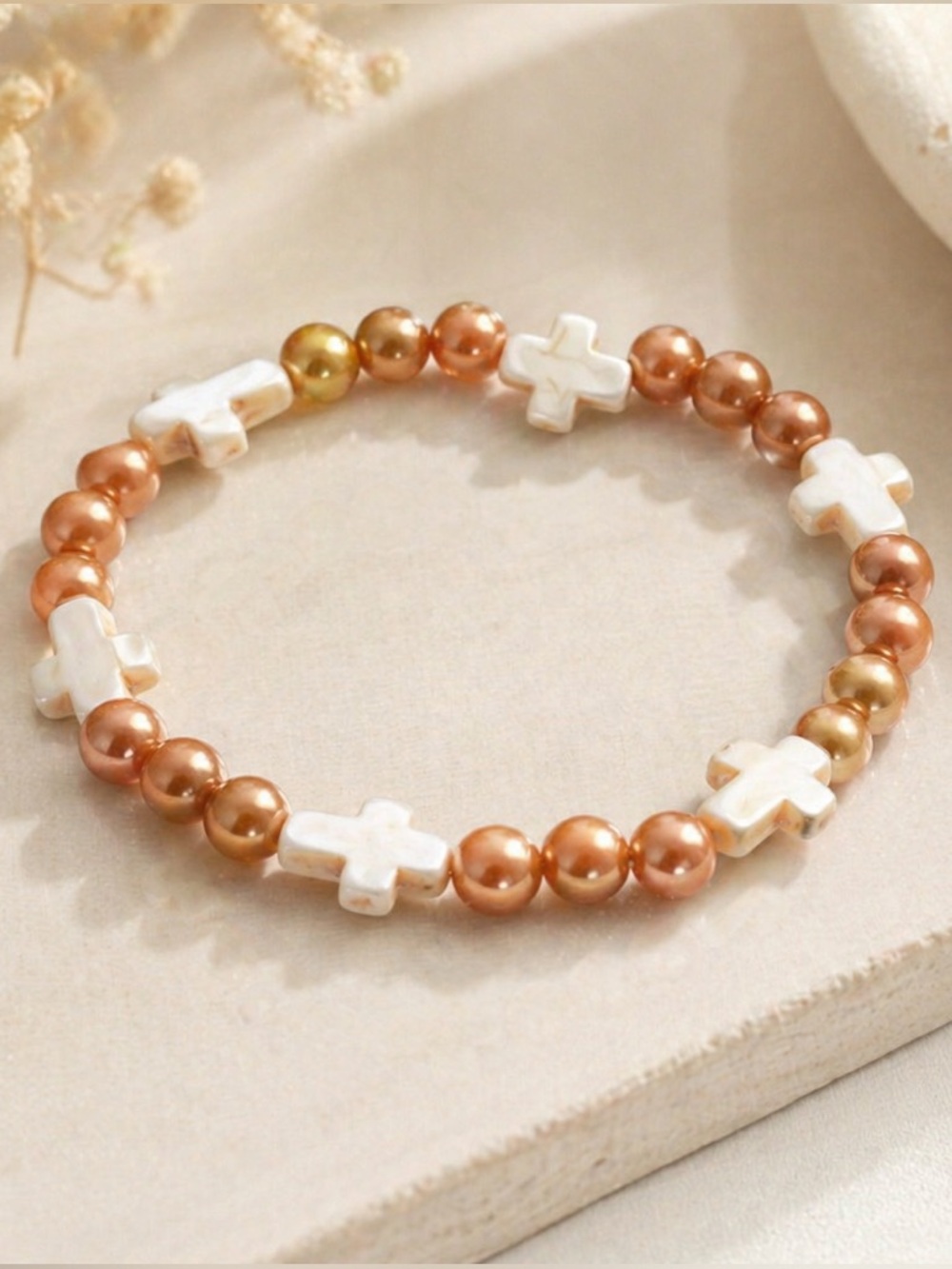 Boho Beaded Pearl Cross Bracelet
